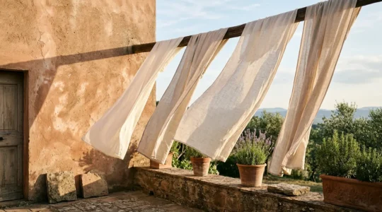 Tessuti naturali organici bianchi e beige che respirano liberamente all'aria aperta