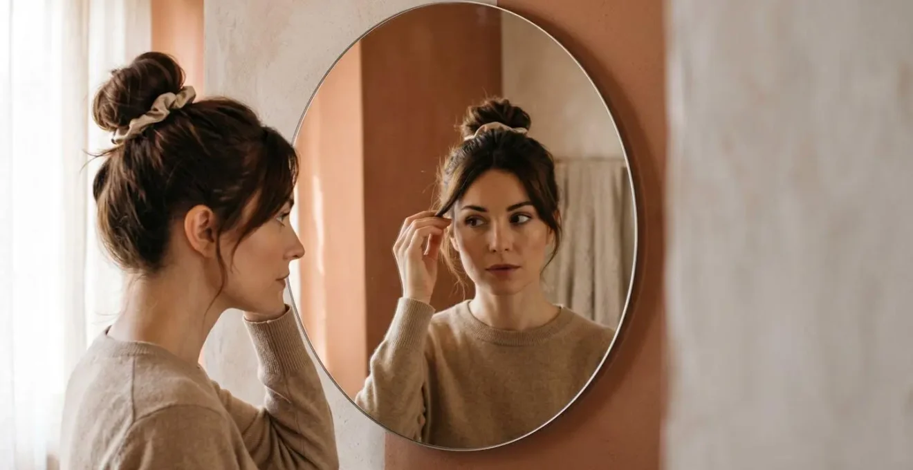 Confronto visivo tra messy bun chic e disordinato, test dello specchio per valutare equilibrio