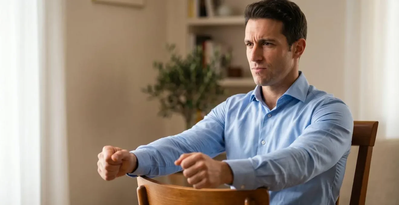 Uomo in camicia slim fit azzurra seduto alla guida che esegue il test di trazione alzando le braccia per verificare la vestibilità sul petto