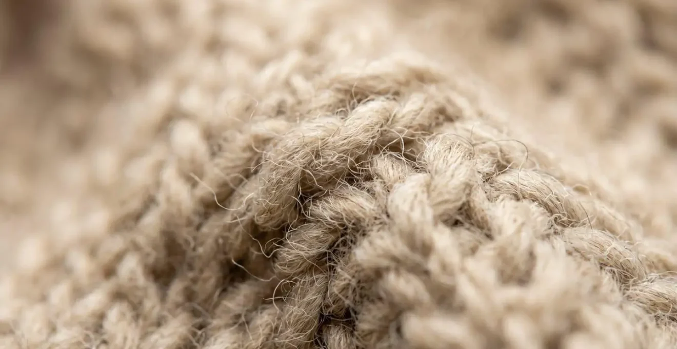 Dettaglio macro delle fibre di lana merino che mostra la texture naturale e la qualità del tessuto