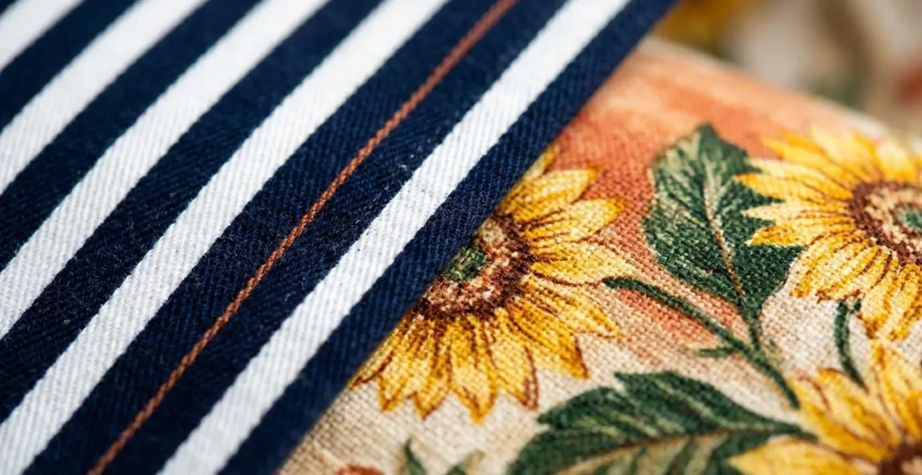 Dettaglio macro di tessuti con righe e fiori collegati da tonalità ponte arancio bruciato