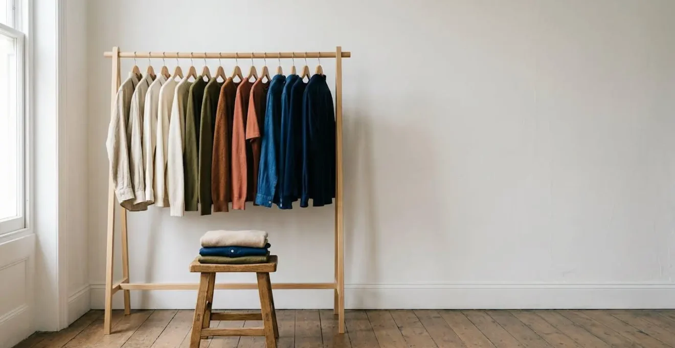 Composizione minimalista che rappresenta il concetto di moda sostenibile attraverso capi di abbigliamento di qualità organizzati con cura