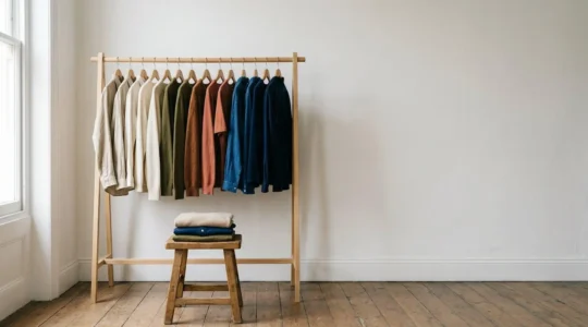 Composizione minimalista che rappresenta il concetto di moda sostenibile attraverso capi di abbigliamento di qualità organizzati con cura