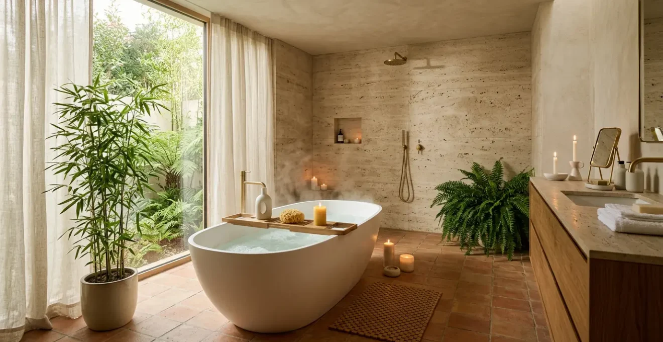 Ambiente bagno trasformato in spa di lusso con atmosfera rilassante per ridurre lo stress