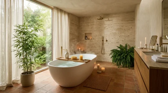 Ambiente bagno trasformato in spa di lusso con atmosfera rilassante per ridurre lo stress