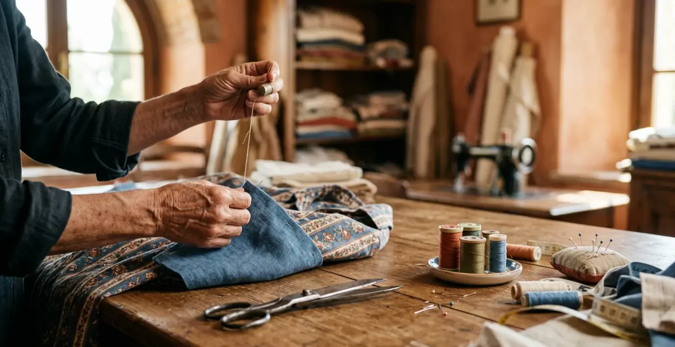 Mani che trasformano una camicia usata in un nuovo capo attraverso l'upcycling sostenibile