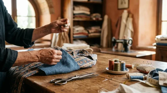 Mani che trasformano una camicia usata in un nuovo capo attraverso l'upcycling sostenibile