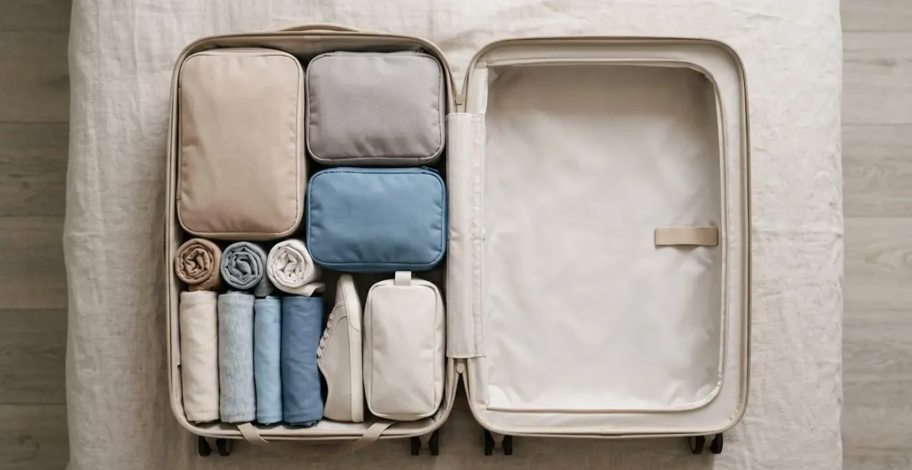 Valigia aperta organizzata con metodo minimalista mostrando capi piegati con cura e packing cubes