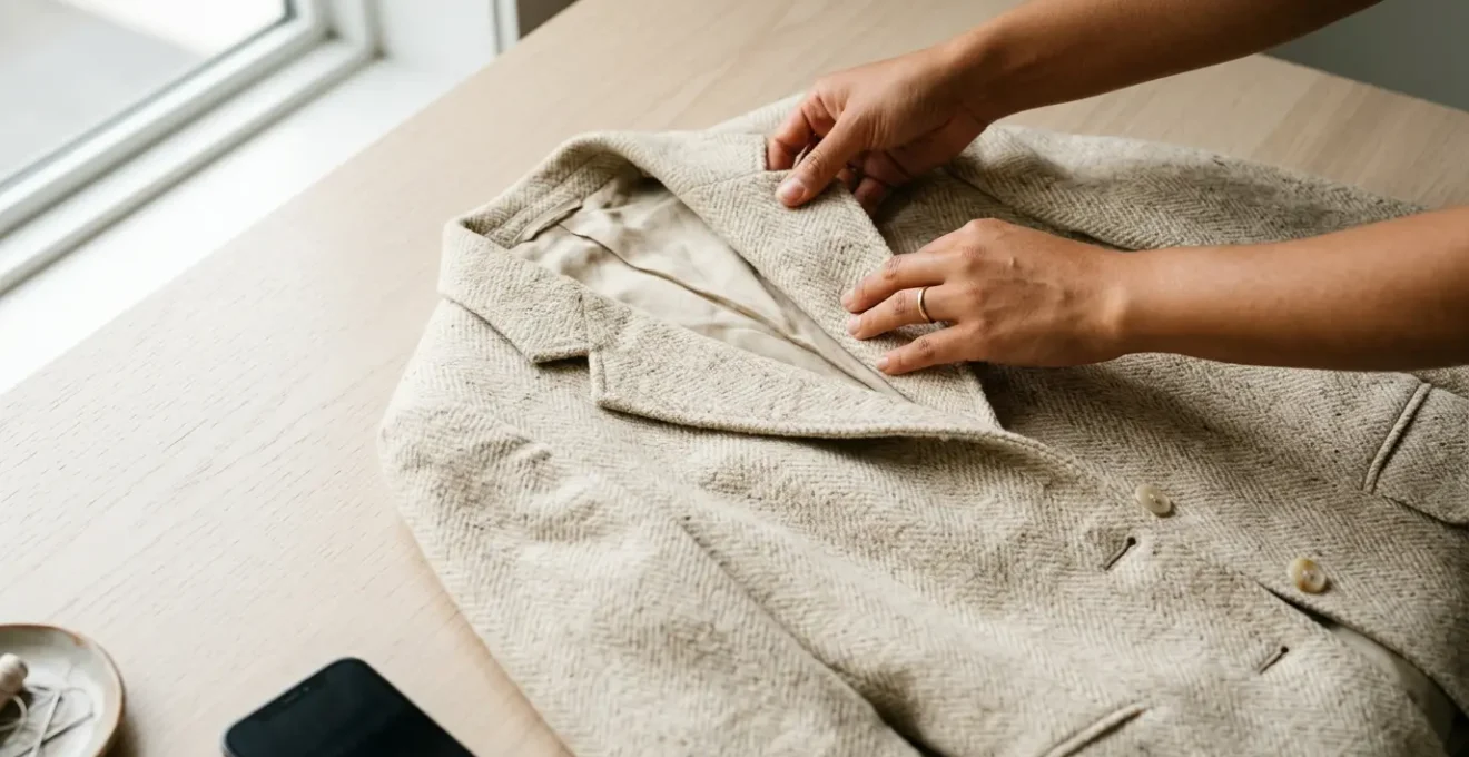 Persona che fotografa capi di abbigliamento vintage su sfondo neutro con luce naturale per vendita online