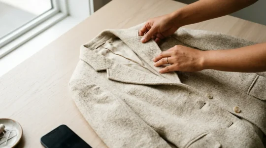 Persona che fotografa capi di abbigliamento vintage su sfondo neutro con luce naturale per vendita online