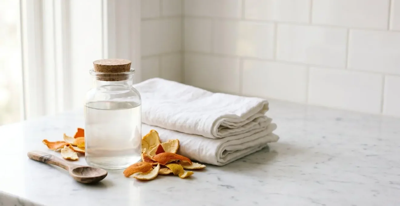 Ingredienti naturali per ammorbidire i tessuti disposti su superficie chiara con tessuto morbido