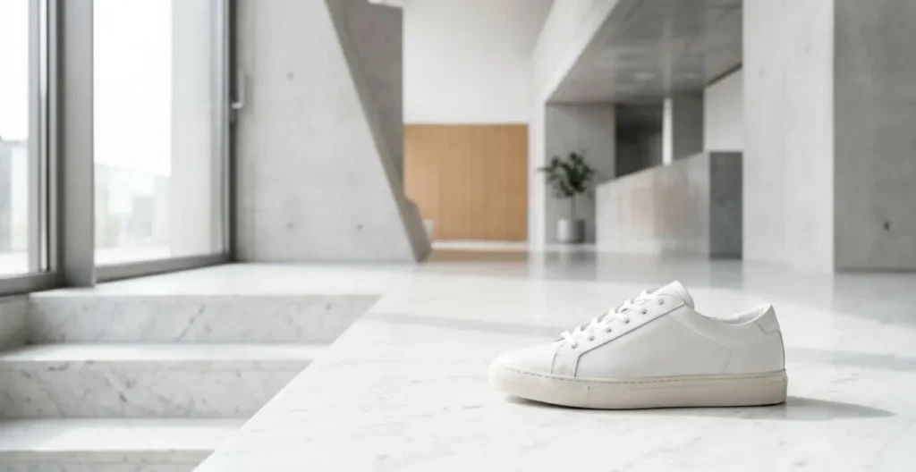 Sneaker minimalista in pelle bianca in ambiente pulito e luminoso che ne esalta il design senza tempo Sneaker minimalista in pelle bianca in ambiente pulito e luminoso che ne esalta il design senza tempo